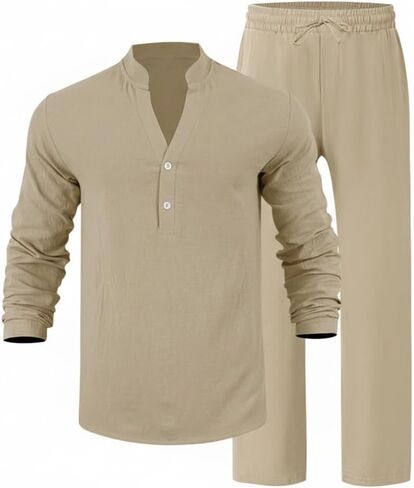 Men's 2-Piece Linen Set: Long Sleeve V-Neck Shirt & Pants | Fall Casual Loose Fit - L in Saudi Arabia