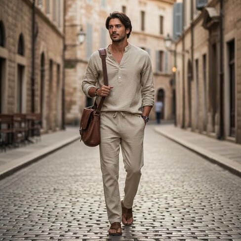 Men's 2-Piece Linen Set: Long Sleeve V-Neck Shirt & Pants | Fall Casual Loose Fit - L in Saudi Arabia