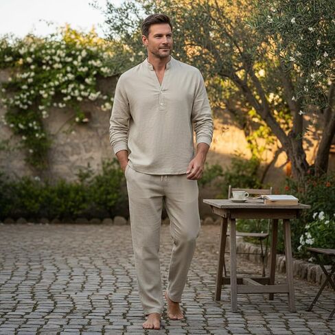 Men's 2-Piece Linen Set: Long Sleeve V-Neck Shirt & Pants | Fall Casual Loose Fit - L in Saudi Arabia