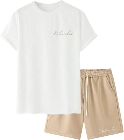 Men's 2 Piece Short Set Crew Neck Letter Embroidered Tops and Drawstring Shorts Tracksuits in Saudi Arabia