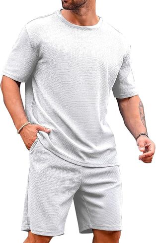 Men's 2 Piece Outfits Short Sleeve Crewneck Summer T Shirt and Drawstring Casual Track Shorts Set in Saudi Arabia