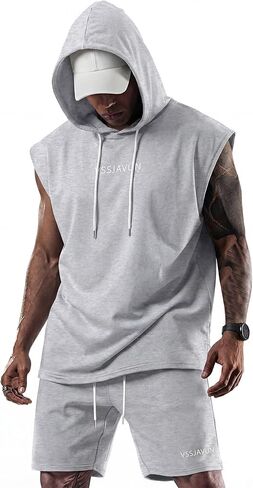 Vssjavun Mens Shorts Sets Hoodie 2 Pieces Sleeveless Workout Hooded Outfits Tracksuit Sweat Suit Sets in Kuwait