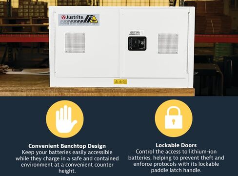 Justrite Lithium Ion Battery Storage Charging Cabinet, 24"x43"x18", 8 Receptacle Charger, 2 Door Manual Close Tool Battery Storage Container, Made in The USA, Gray, 231703 in Saudi Arabia