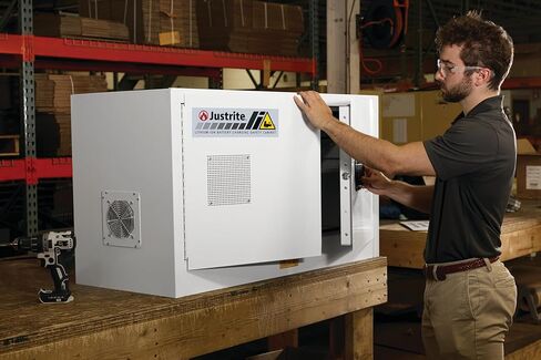 Justrite Lithium Ion Battery Storage Charging Cabinet, 24"x43"x18", 8 Receptacle Charger, 2 Door Manual Close Tool Battery Storage Container, Made in The USA, Gray, 231703 in Saudi Arabia