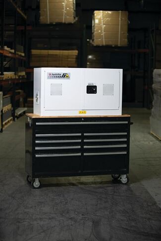 Justrite Lithium Ion Battery Storage Charging Cabinet, 24"x43"x18", 8 Receptacle Charger, 2 Door Manual Close Tool Battery Storage Container, Made in The USA, Gray, 231703 in Saudi Arabia