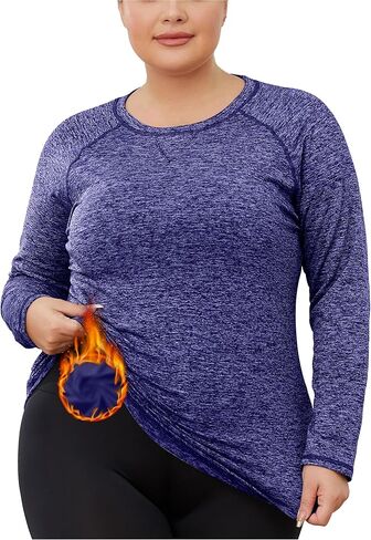 FOREYOND Women's Plus Size Thermal Fleece Tops Long Sleeve Running Athletic Shirt Workout Tops Thermal Underwear in Saudi Arabia