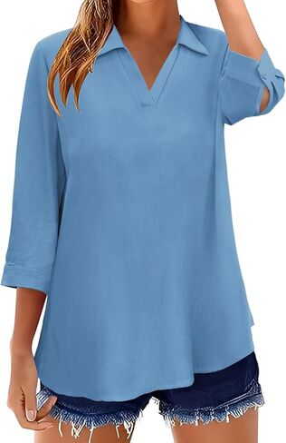 Business Casual Tops for Women 3/4 Sleeve V Neck Collared Cotton Linen Shirts Office Ladies Elegant Dressy Work Blouses in Kuwait