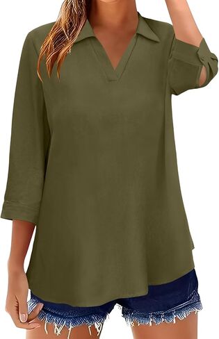 Business Casual Tops for Women 3/4 Sleeve V Neck Collared Cotton Linen Shirts Office Ladies Elegant Dressy Work Blouses in Saudi Arabia