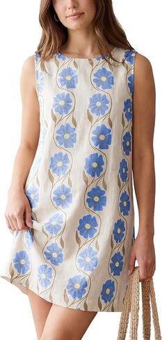 Hixiaohe Womens Summer Floral Mini Dress Sleeveless Fairy Shift Dress Cotton Linen Boho Beach Vacation Short Tank Sundress in Kuwait