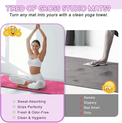 Hot Yoga Mat Towel Set – Non-Slip 600GSM Thickened Microfiber Yoga Mat Cover (70"x25.5") + Hand Towel – Super Absorbent, Skidless Sweat Towel for Hot Pilates, Bikram & Fitness, Dark Pink in Kuwait