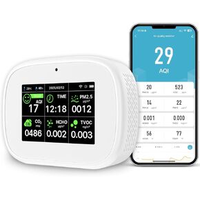 18-in-1 Smart Air Quality Monitor - Indoor WiFi Air Quality Detector with Dual Chip, Real-Time for AQI, CO2, PM2.5, PM1.0, PM10, TVOC, HCHO, Time, Temperature & Humidity with APP (White-Black) in Saudi Arabia