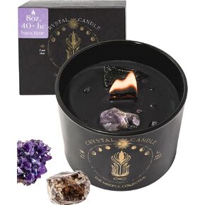 شمعة كريستال سوداء للنساء - شمعة فتيل خشبية بوزن 8 أونصة تتشقق بشمع الصويا الطبيعي. حرق بطيء فاخر، للتأمل. يشتمل على كريستالات الجمشت والكوارتز الدخاني in Kuwait