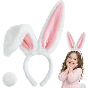 D-Fokes Easter Bunny Ears Headband and Bunny Tail, Bendable White Bunny Ears, Furry Rabbit Ears Headband for Halloween Easter Party Cosplay Bunny Costume Accessories in Kuwait