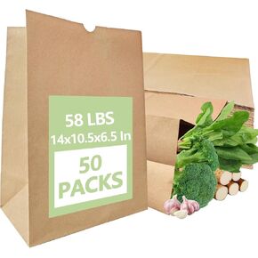 100 حزمة من أكياس ورق الكرافت الورقية، حقيبة بقالة بنية كبيرة شديدة التحمل بوزن 58 رطلاً، أكياس مقاس 14 × 10.5 × 6.5 بوصة للتخزين، والإخراج، والتسوق، والأكياس in Kuwait