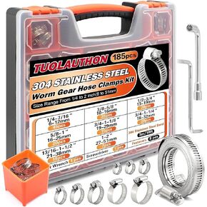 185Pcs 304 Stainless Steel Worm Gear Clamps Assortment Kit 1/4"-2(6-51mm), with 10FT Metal Strap+8 Stronger Fasteners for Automotive, Plumbing, Marine & DIY in Kuwait