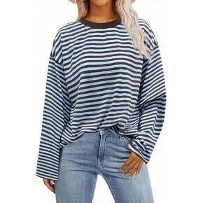 Womens Oversized Striped Long Sleeve Shirt Crewneck Sweatshirt Color Block Loose Pullover Top Teen Girl Y2K Clothes in Kuwait