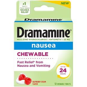 Dramamine Nausea Chewable Nausea Relief with Meclizine, Raspberry Cream Flavor, 12 Count in Kuwait