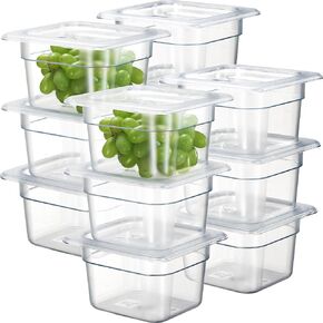 كورتا 12 عبوة 1/6 مقاس 4 بوصات وعاء طعام من البولي كربونات العميق NSF مع غطاء مسنن وصينية تصريف | حاوية شفافة آمنة للاستخدام في غسالة الأطباق والفريزر لطاولات الإعداد، والبوفيه، وبار السلطة، والمطبخ التجاري in Kuwait