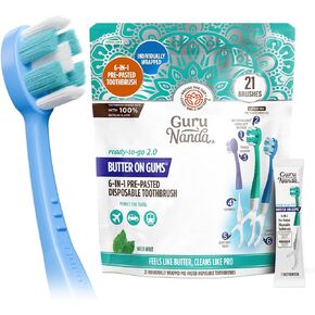 GuruNanda 6-in-1 Ready-to-Go Disposable Toothbrush, Pre-Pasted Butter on Gums Softex Bristles, Floss & Toothpick, Tongue & Cheek Cleaner, Individually Wrapped & TSA Friendly, 21 Ct in Kuwait