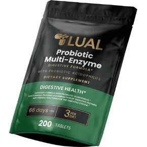 LUAL Probiotic Multi-Enzyme for Digestive Health. Probiotic + Digestive Enzymes for Women & Men. Lactobacillus Acidophilus, Bromelain, Papain | 200 Tablets – 66 Days Supply in Kuwait