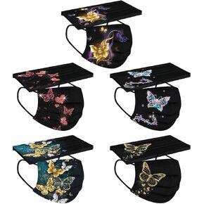 50 PCs Butterfly Disposable Face_Mask for Women,3 Ply Adults Black Butterfly_Mask With Floral Design Fashion Facemask Women Men in Kuwait