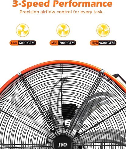 JVO 24 Inch Industrial Floor Drum Fan - 9500 CFM Heavy Duty High Velocity Floor Fan with 8 Blades 3-Speed Big Ass Fan for Warehouse, Garage, Shop, Patios Heavy Duty Shop Fans & Garage Fans for Cooling in Saudi Arabia