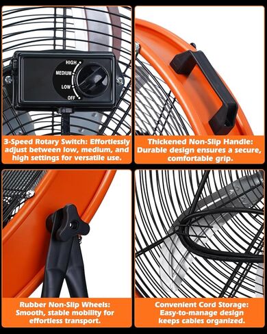 JVO 24 Inch Industrial Floor Drum Fan - 9500 CFM Heavy Duty High Velocity Floor Fan with 8 Blades 3-Speed Big Ass Fan for Warehouse, Garage, Shop, Patios Heavy Duty Shop Fans & Garage Fans for Cooling in Saudi Arabia