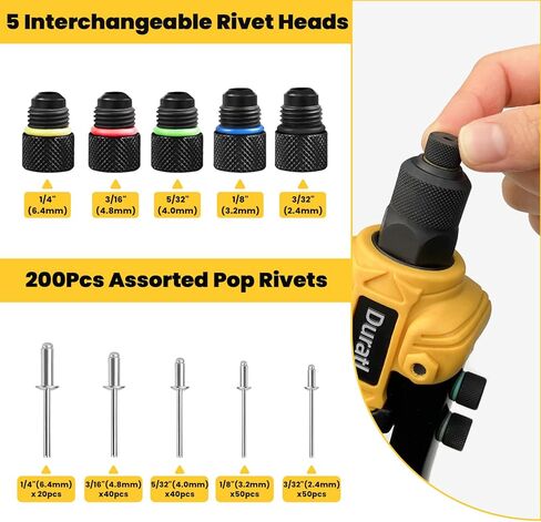 بندقية برشام ، 1/4 طقم بندقية البوب ​​مع 200 مسار أعمى ، 5 رؤوس برشام قابلة للتبديل (3/32 "، 1/8" ، 5/32 "، 3/16" ، 1/4 ") ، أداة برشام اليد الشاقة للمعادن والسيارات والسيارات in Kuwait