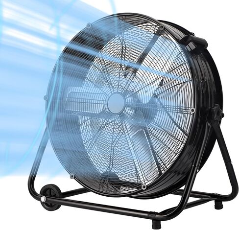 24 Inch High Velocity Industrial Floor Fan with Metal Construction, 8800CFM Heavy Duty Drum Fan for Garage Shop Warehouse, Large Commercial Barrel with 3-Speed, 360°Tilt Castors, Black in Kuwait