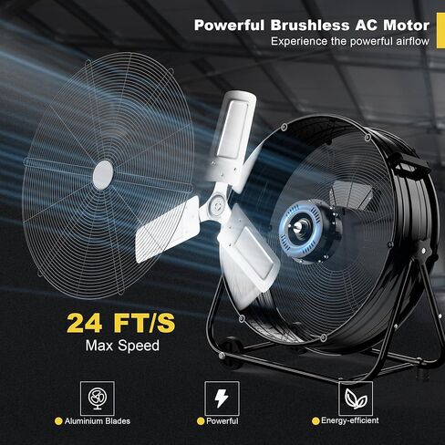 24 Inch High Velocity Industrial Floor Fan with Metal Construction, 8800CFM Heavy Duty Drum Fan for Garage Shop Warehouse, Large Commercial Barrel with 3-Speed, 360°Tilt Castors, Black in Kuwait