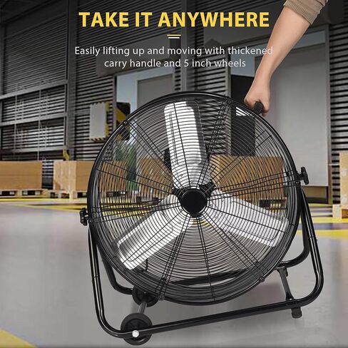 24 Inch High Velocity Industrial Floor Fan with Metal Construction, 8800CFM Heavy Duty Drum Fan for Garage Shop Warehouse, Large Commercial Barrel with 3-Speed, 360°Tilt Castors, Black in Kuwait