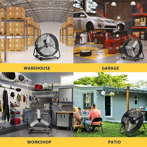 24 Inch High Velocity Industrial Floor Fan with Metal Construction, 8800CFM Heavy Duty Drum Fan for Garage Shop Warehouse, Large Commercial Barrel with 3-Speed, 360°Tilt Castors, Black in Kuwait