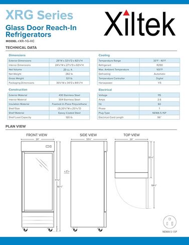 Xiltek 29" Stainless Steel and Glass Door Commercial Reach-in Refrigerator Cooler - 23 cu. ft in Kuwait