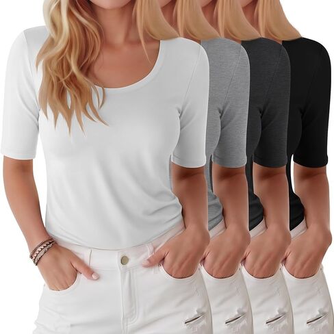 Ficerd 4 Pack Women's Scoop Neck Stretchy Tops Cotton Half Sleeve Slim Fit T-Shirts Tight Casual Basic Summer Tees in Kuwait