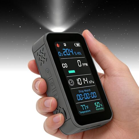 شاشة غاز O2 وCO المحمولة مع مصباح يدوي LED للمركبات الترفيهية والتخييم - كاشف الهواء والطقس 7 في 1، الضغط الجوي، مراقب درجة الحرارة والرطوبة، جهاز أمان محمول قابل لإعادة الشحن in Kuwait