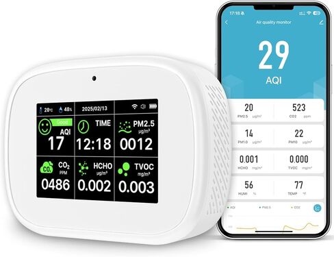 18-in-1 Smart Air Quality Monitor - Indoor WiFi Air Quality Detector with Dual Chip, Real-Time for AQI, CO2, PM2.5, PM1.0, PM10, TVOC, HCHO, Time, Temperature & Humidity with APP (White-Black) in Saudi Arabia