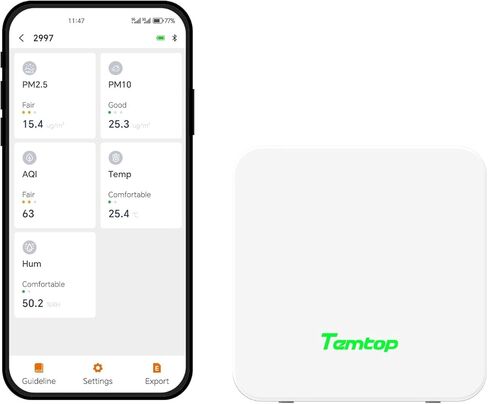 جهاز مراقبة جودة الهواء تيمتوب P1، مستشعر PM2.5/PM10/درجة الحرارة/الرطوبة مع تطبيق بلوتوث، تتبع AQI وتصميم محمول للاستخدام في المنزل والمكتب والسيارة والسفر in Kuwait