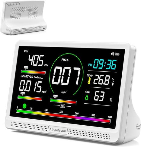 جهاز مراقبة جودة الهواء 16 في 1 داخلي بشاشة 7 بوصات 9 تنبيهات AQI+7 AQI، جهاز اختبار جودة الهواء المحمول CO2، TVOC، PM2.5 PM1.0 PM10، HCHO درجة الحرارة والرطوبة ودرجة الحرارة والوقت مقياس جودة الهواء للمنزل in Saudi Arabia
