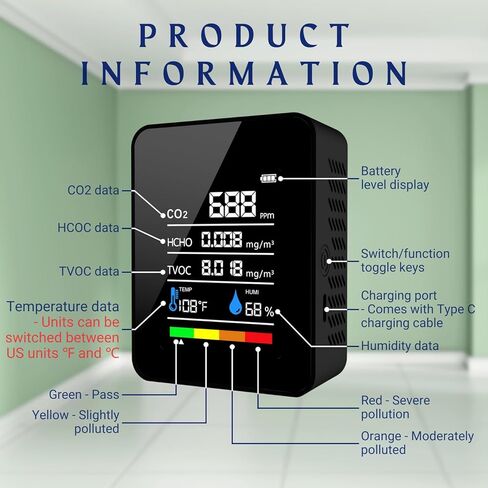 CO2 Detector Air Quality Monitor Indoor,5-in-1 Formaldehyde/CO2/TVOC/Temperature (°F/°C)/Humidity Monitor,Portable Carbon Dioxide Detector for Home,Office,Indoor Air Quality Safety Monitoring (Black) in Kuwait