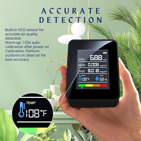 CO2 Detector Air Quality Monitor Indoor,5-in-1 Formaldehyde/CO2/TVOC/Temperature (°F/°C)/Humidity Monitor,Portable Carbon Dioxide Detector for Home,Office,Indoor Air Quality Safety Monitoring (Black) in Kuwait