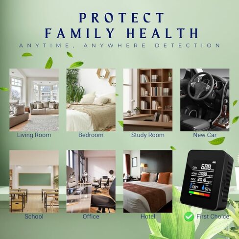 CO2 Detector Air Quality Monitor Indoor,5-in-1 Formaldehyde/CO2/TVOC/Temperature (°F/°C)/Humidity Monitor,Portable Carbon Dioxide Detector for Home,Office,Indoor Air Quality Safety Monitoring (Black) in Kuwait