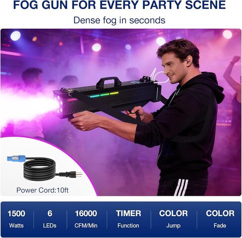 Handheld Fog Machine Gun for Party - 1500W Smoke Cannon with Color Changing Lights for DJ Events Concerts Parties Halloween Live Shows Stage Performances in Kuwait