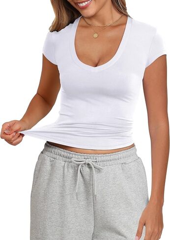 PALINDA Women's V Neck Fitted Shirts Basic Casual Stretchy T Shirt Short Sleeve Summer Tops in Kuwait