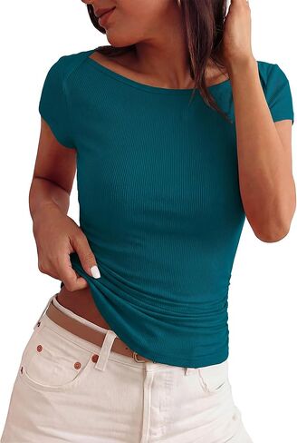 BTFBM Womens Summer Tops 2025 مضلعة القمصان طاقم الرقبة قصيرة الأكمام in Saudi Arabia