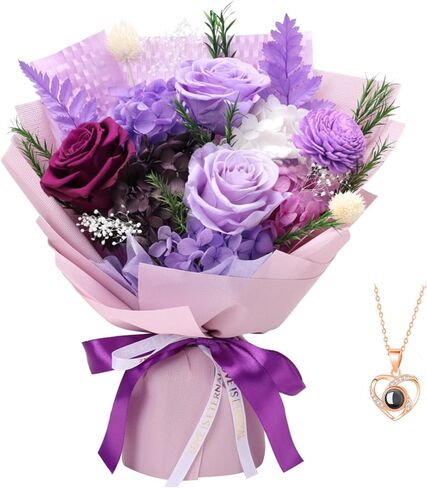 Preserved Flowers Bouquets Gifts for Her, Forever Purple Flowers with Necklace, Natural Real Long Lasting Rose Flower for Valentines Wife Mothers Day Anniversary Birthday in Kuwait