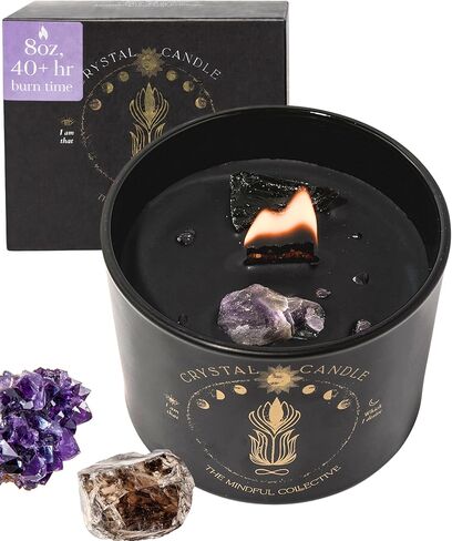 شمعة كريستال سوداء للنساء - شمعة فتيل خشبية بوزن 8 أونصة تتشقق بشمع الصويا الطبيعي. حرق بطيء فاخر، للتأمل. يشتمل على كريستالات الجمشت والكوارتز الدخاني in Kuwait