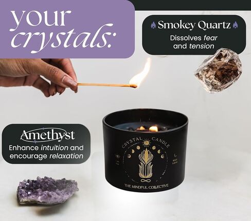 شمعة كريستال سوداء للنساء - شمعة فتيل خشبية بوزن 8 أونصة تتشقق بشمع الصويا الطبيعي. حرق بطيء فاخر، للتأمل. يشتمل على كريستالات الجمشت والكوارتز الدخاني in Kuwait