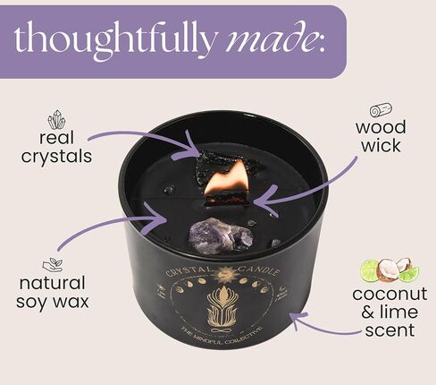 شمعة كريستال سوداء للنساء - شمعة فتيل خشبية بوزن 8 أونصة تتشقق بشمع الصويا الطبيعي. حرق بطيء فاخر، للتأمل. يشتمل على كريستالات الجمشت والكوارتز الدخاني in Kuwait