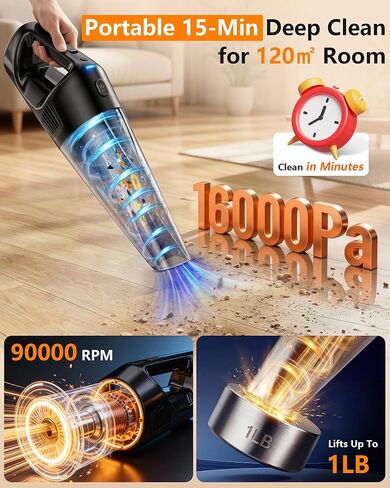 PowerSpeed CleanView Handheld Vacuum Cordless - 16000Pa Strong Suction Portable 15-Minute Cleans 120㎡ Room Fast - 1000mL Dust Cup One-Touch Emptying No Mess - for Debris Pet Hair Long Hair Crevices in Kuwait