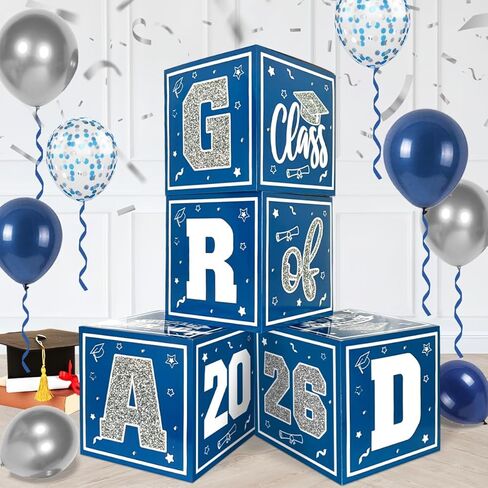 2025 Graduation Decorations Blue and Gold Balloon Boxes Class of 2025 Decor with "GRAD" and"CLASS OF 2025" Letters Grad Boxs for High School and College Graduation Announcements in Kuwait